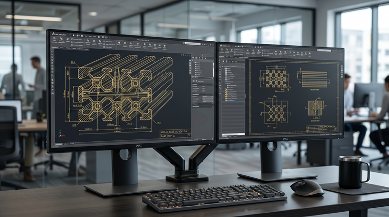 שרטוט תבנית מדויק ב-SolidWorks לאחר שלב האופטימיזציה, אנו מייצרים שרטוטי תבנית הנדסיים מפורטים ומדויקים בתוכנת SolidWorks. שרטוטים אלו מועברים לאישורו המלא של הלקוח לפני שמתחילים בייצור פיזי כלשהו.